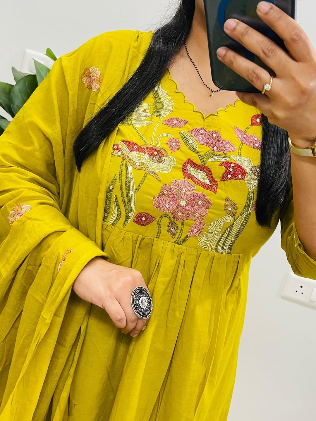 Yellow Anarkali Cotton Embroidered Suit Set